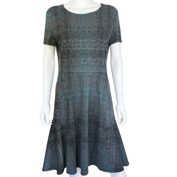 Betsey Johnson Dress Womens 14 Gray Teal Abstract Short Sleeve A-Line Midi - Picture 1 of 8